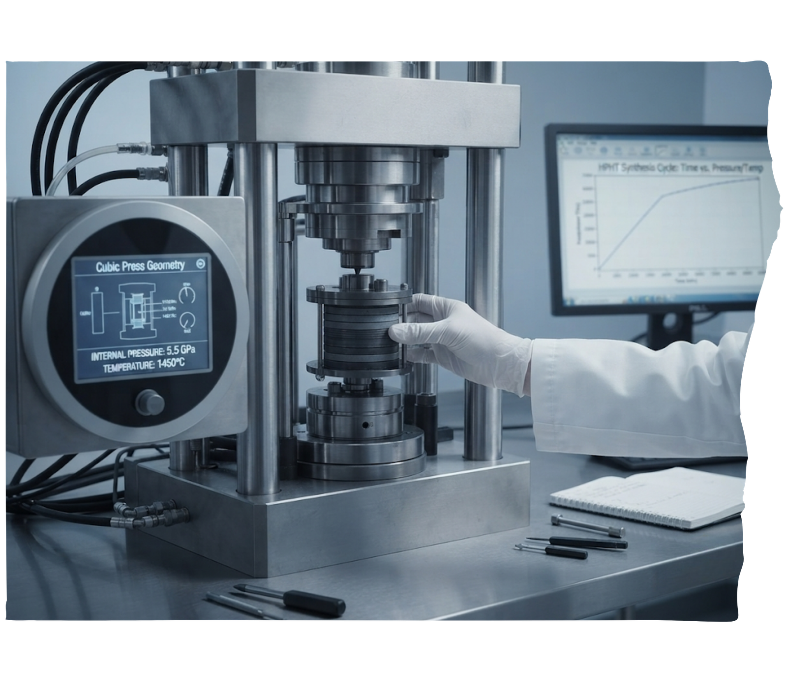 A massive industrial High-Pressure High-Temperature (HPHT) cubic press machine in a lab setting, with a gloved hand inserting a graphite growth cell to begin the diamond synthesis cycle.