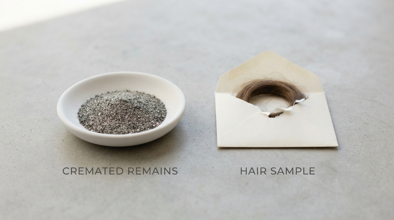 A small dish of cremated ashes beside a lock of hair in an envelope, the two source materials compared