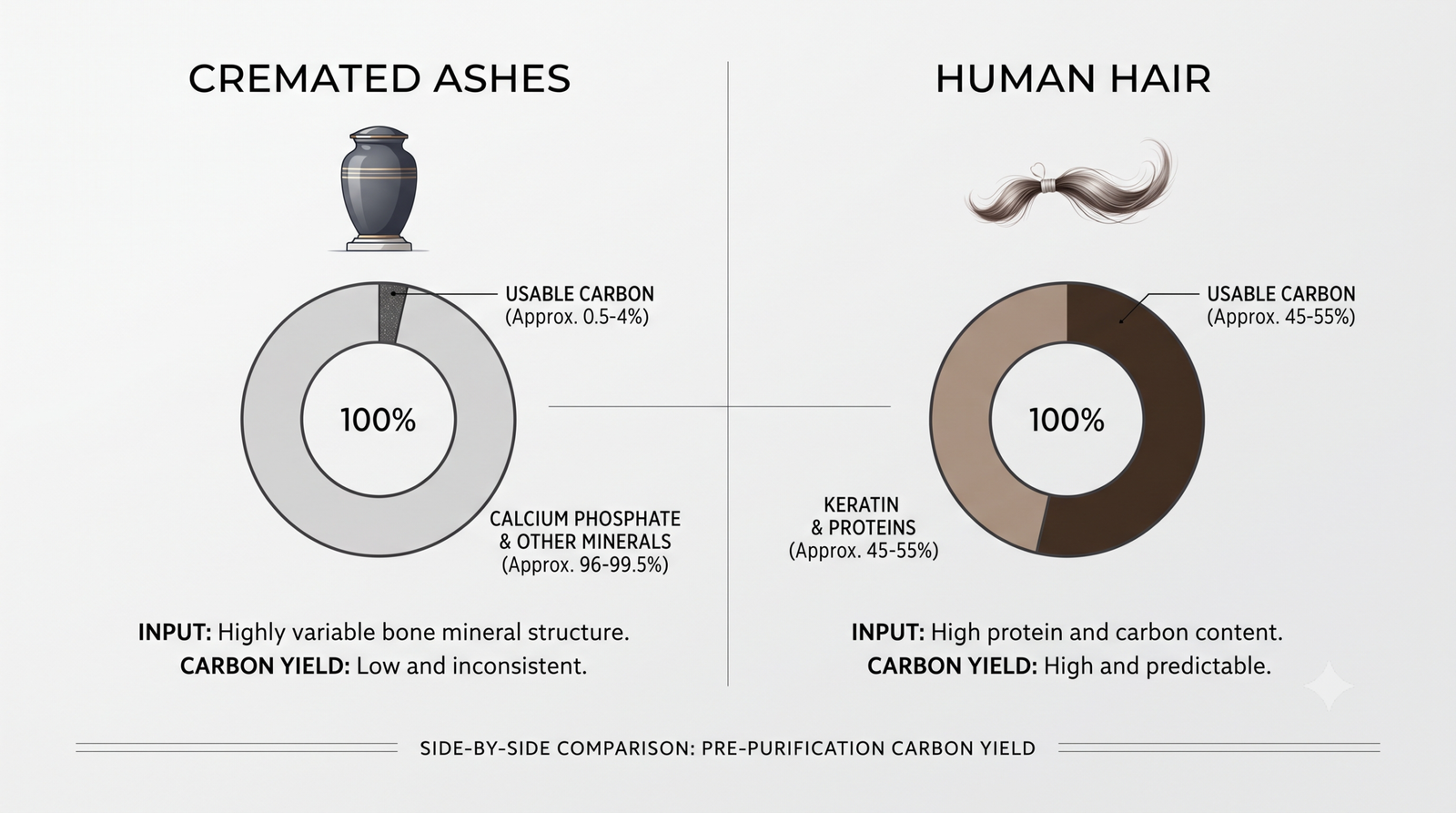 Side-by-side graphic comparing carbon yield from cremated ashes and from hair before purification
