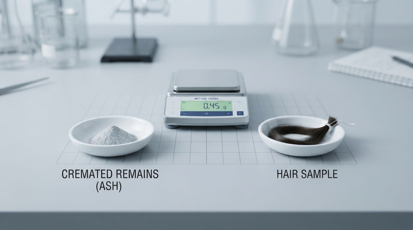 Two labeled dishes on a lab bench a small mound of ash and a lock of hair with a scale between them
