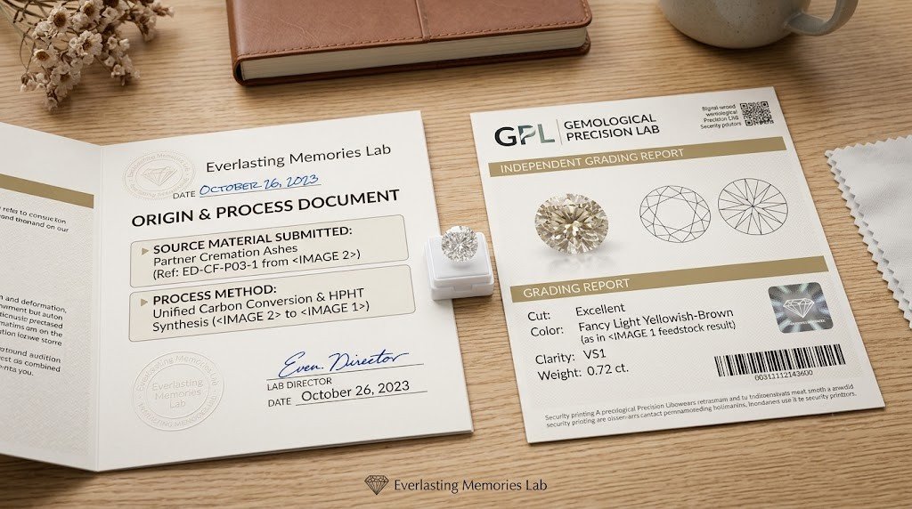 Certificate of origin laid beside an independent grading report and a polished memorial diamond