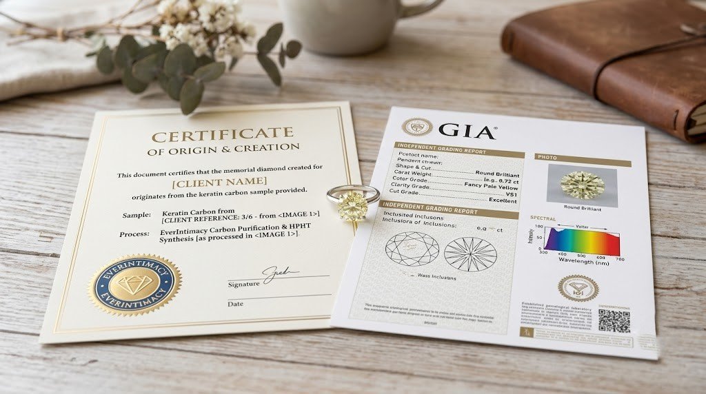  Certificate of origin laid beside an independent grading report and a polished memorial diamond 
