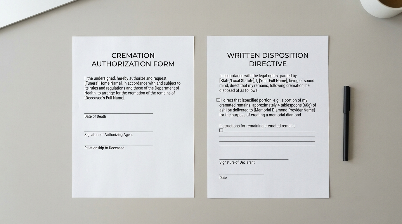 A cremation authorization form and a written disposition directive laid side by side on a desk