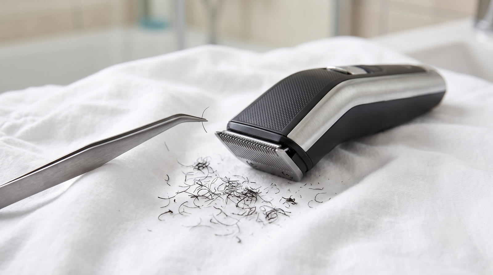 A beard trimmer on a white cloth with tweezers lifting single hairs from the head