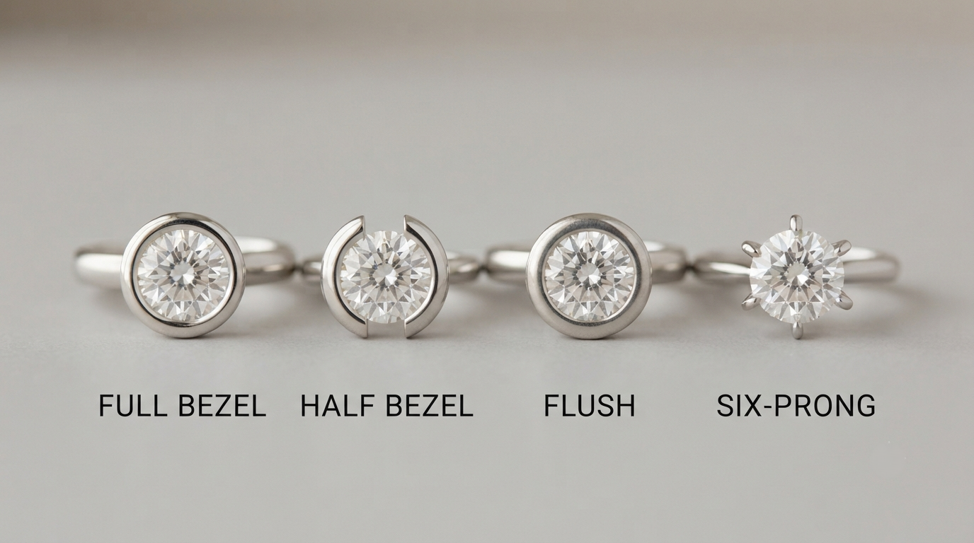 Four ring settings photographed side by side — full bezel, half bezel, flush and six-prong — ordered by how much of the girdle each covers
