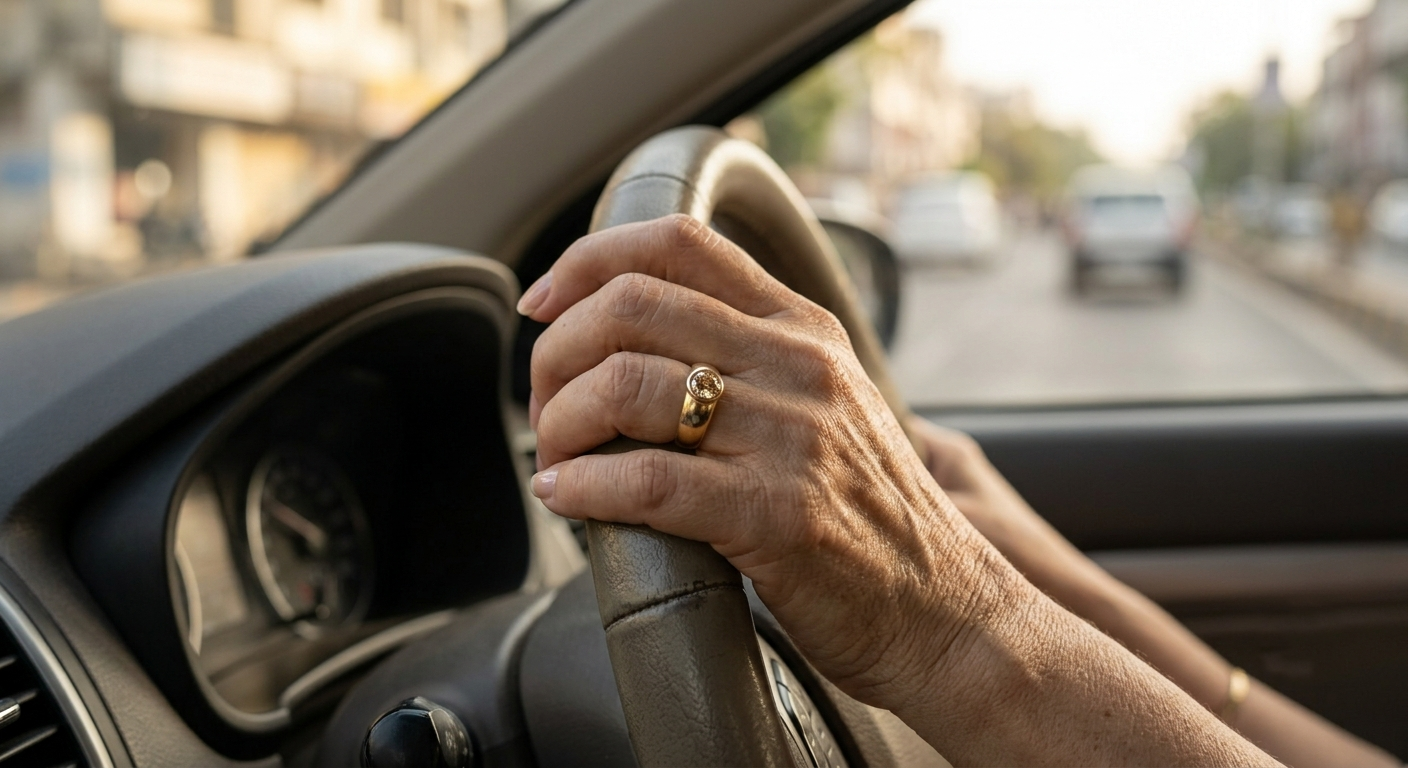 A flush bezel-set diamond ring on a woman's hand holding a steering wheel