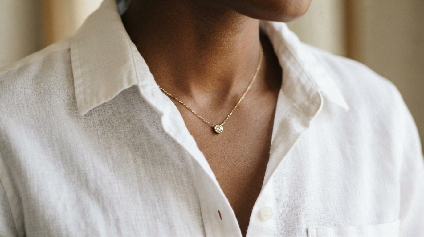 A bezel-set diamond pendant resting beneath an open shirt collar, worn out of sight