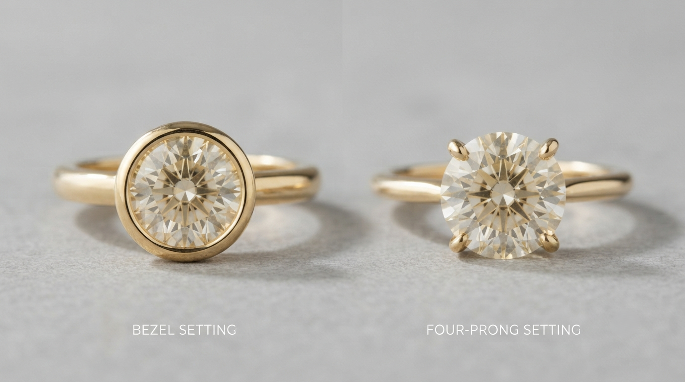 Side-by-side of a bezel-set and a four-prong solitaire ring showing how much of the stone each mounting covers