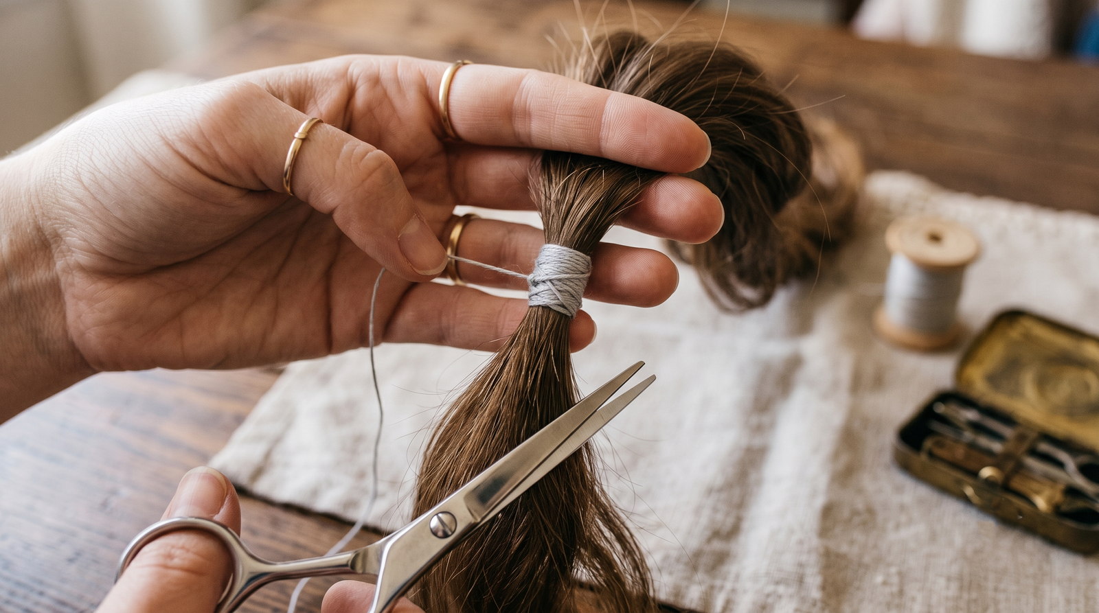 Section of hair bound at one end with sewing thread just above the point where it will be cut