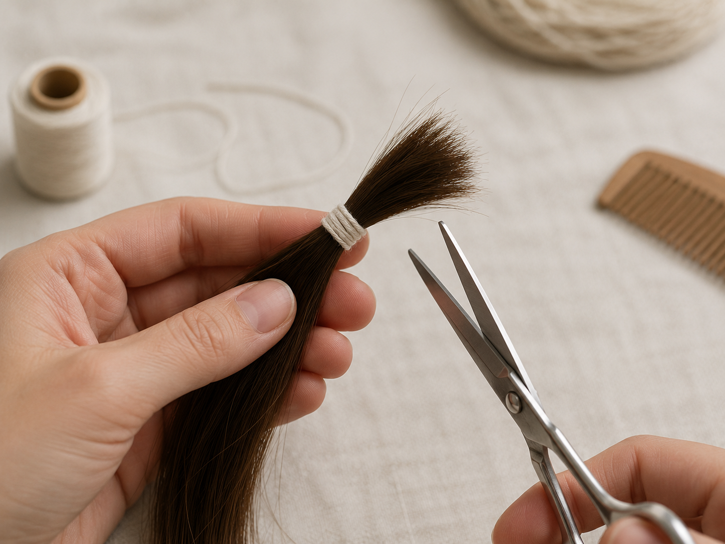 Section of hair bound at one end with sewing thread just above where it will be cut