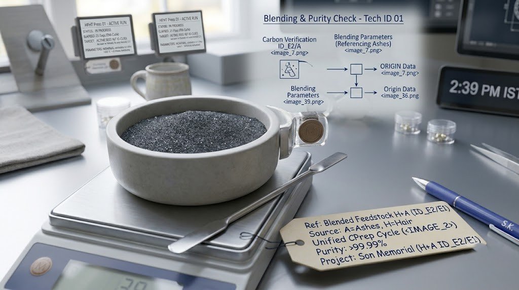 Purified carbon feedstock in a laboratory crucible before being loaded into a diamond growth cell