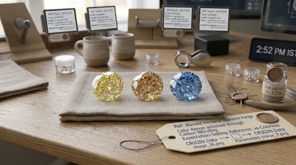 Three memorial diamonds in yellow, champagne and blue tones photographed together on a neutral surface 