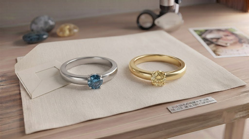 A blue diamond set in platinum beside a yellow diamond set in yellow gold, showing how metal affects tone 