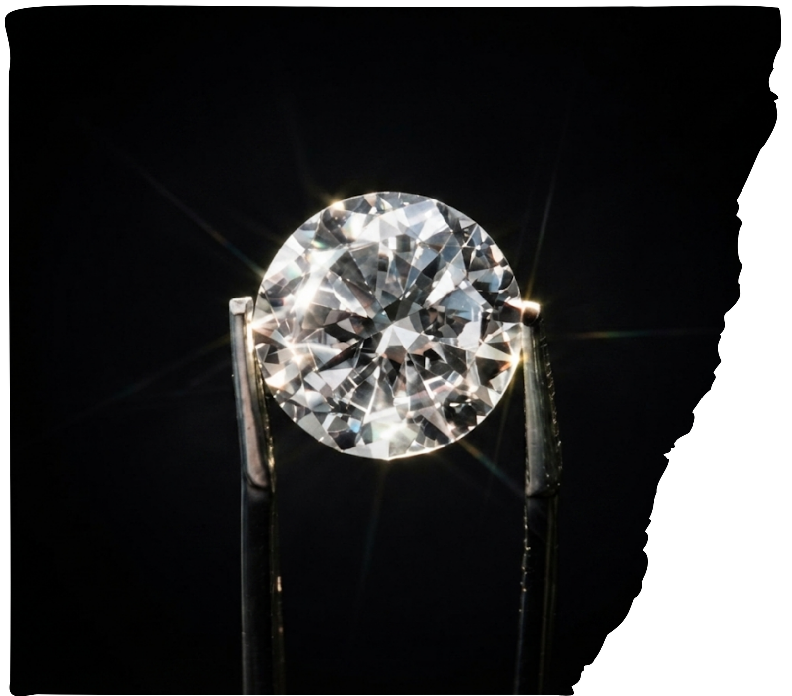 Expertly hand-cut and polished brilliant memorial diamond held by tweezers during Stage 5 of cremation diamond production.