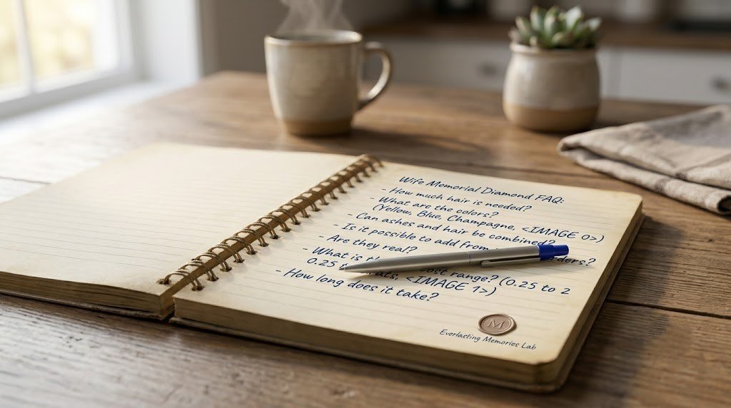 Wife memorial diamond FAQ: an open notebook of handwritten questions on a kitchen table in morning light, a pen resting across it |