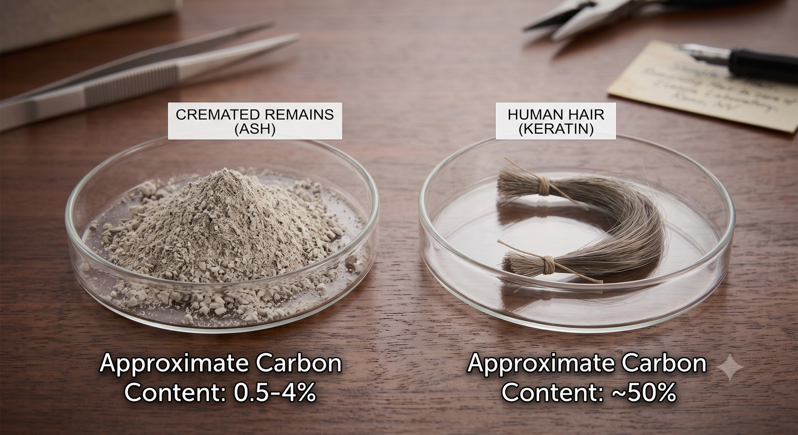 Side-by-side comparison of a dish of cremated remains and a coil of hair with their approximate carbon content noted, 0.5–4% against about 50%