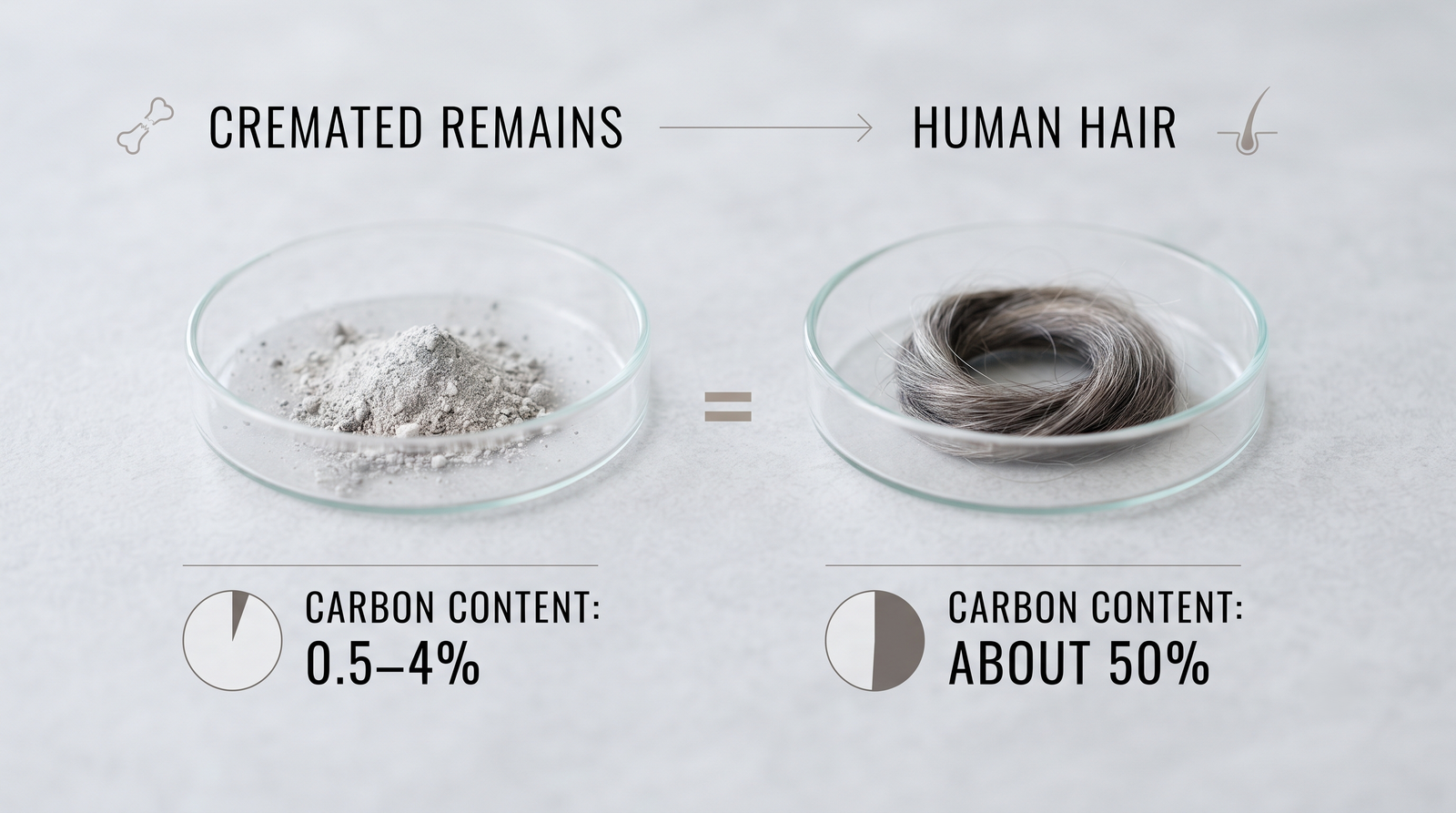 Side-by-side comparison of a dish of cremated remains and a coil of hair with their approximate carbon content noted, 0.5–4% against about 50%