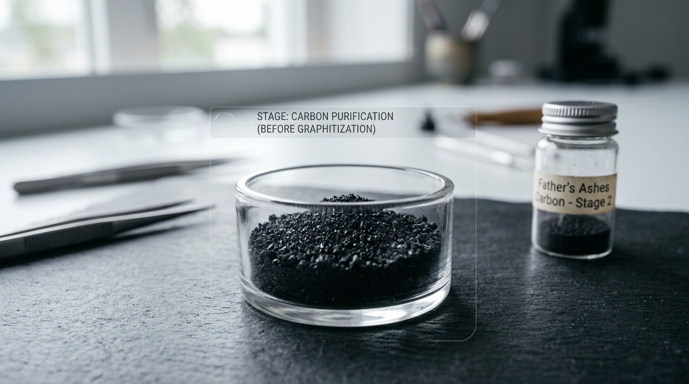 Purified carbon extracted from cremated remains in a laboratory crucible before graphitization