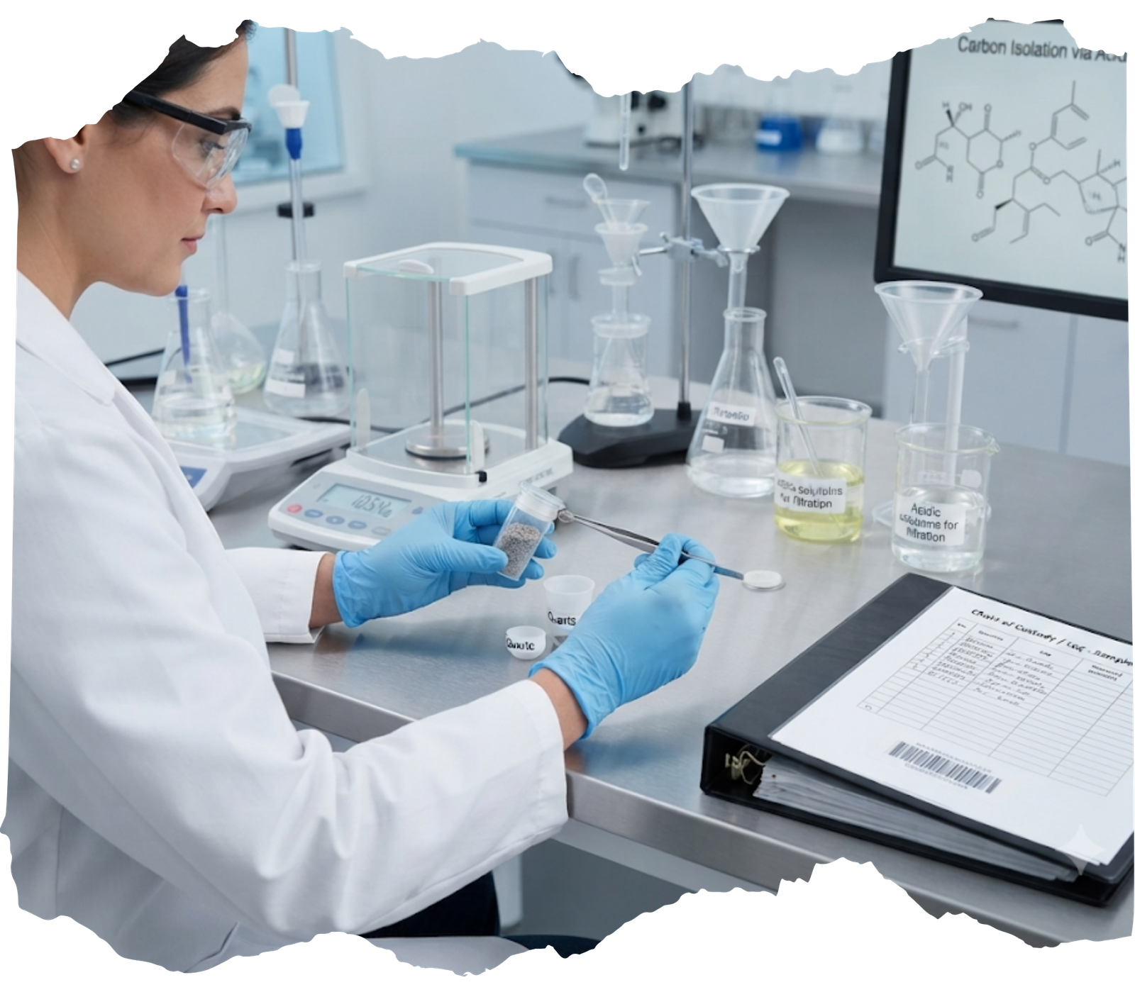 Laboratory specialist examining cremated remains during the carbon isolation and acidic filtration stage for a memorial diamond.