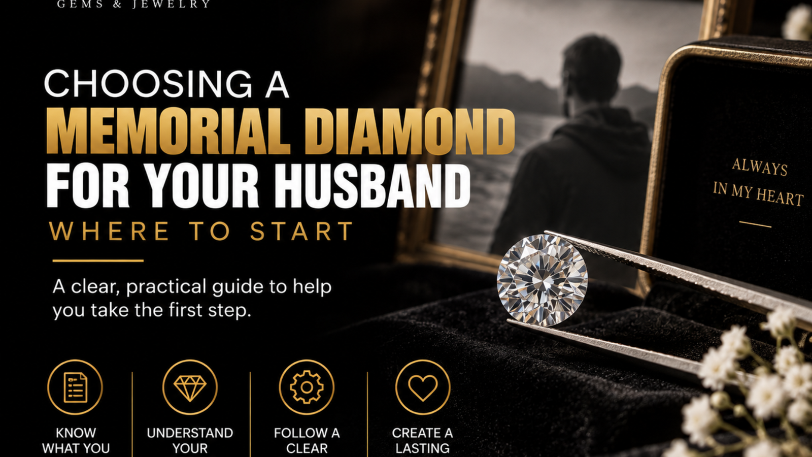 Choosing a memorial diamond for your husband, featuring a loose diamond, memorial keepsake box, framed remembrance photo, and white flowers on a dark background.
