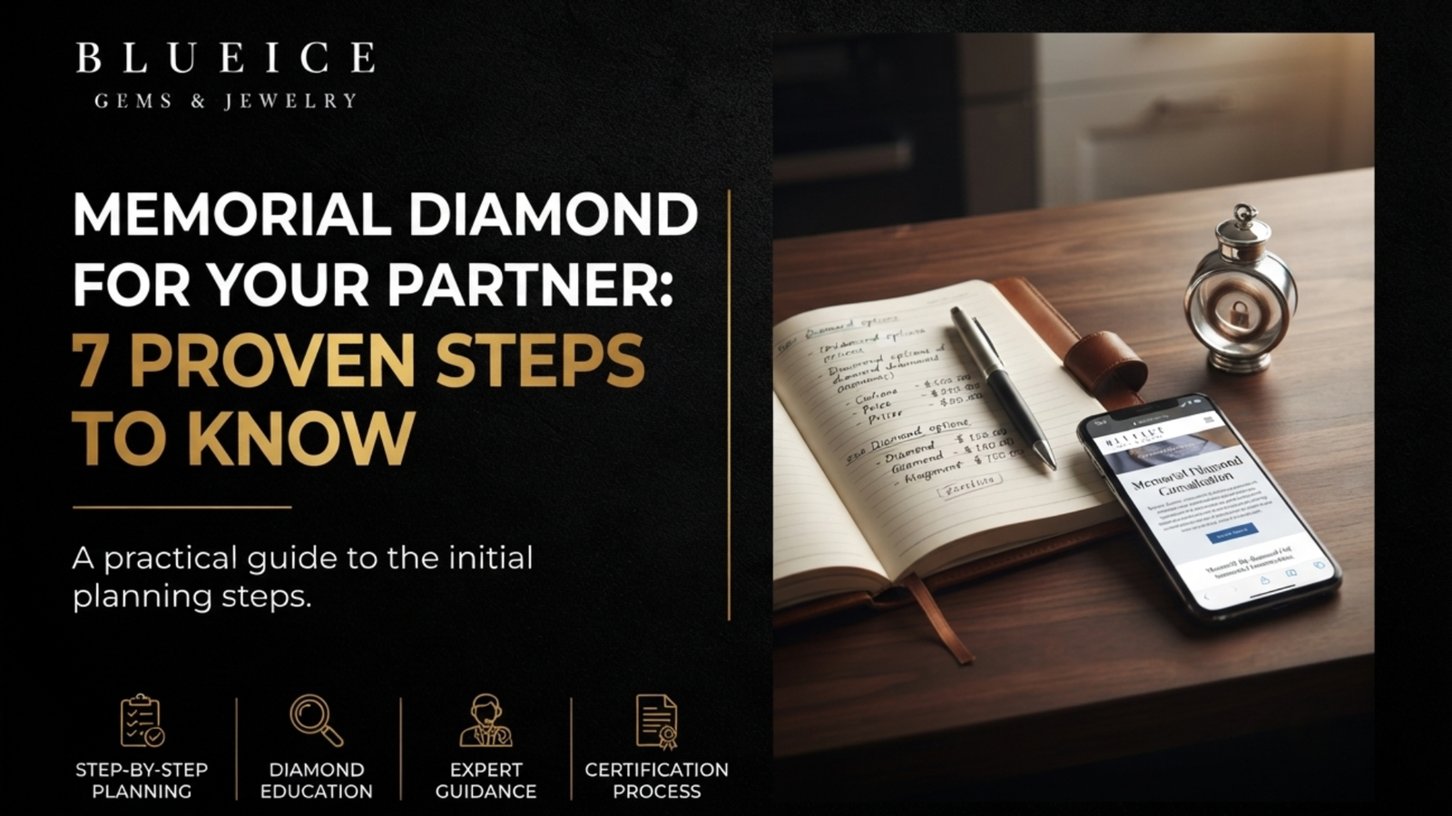 A notebook, a phone and a sealed keepsake container on a kitchen table, the first practical steps in choosing a memorial diamond for your partner