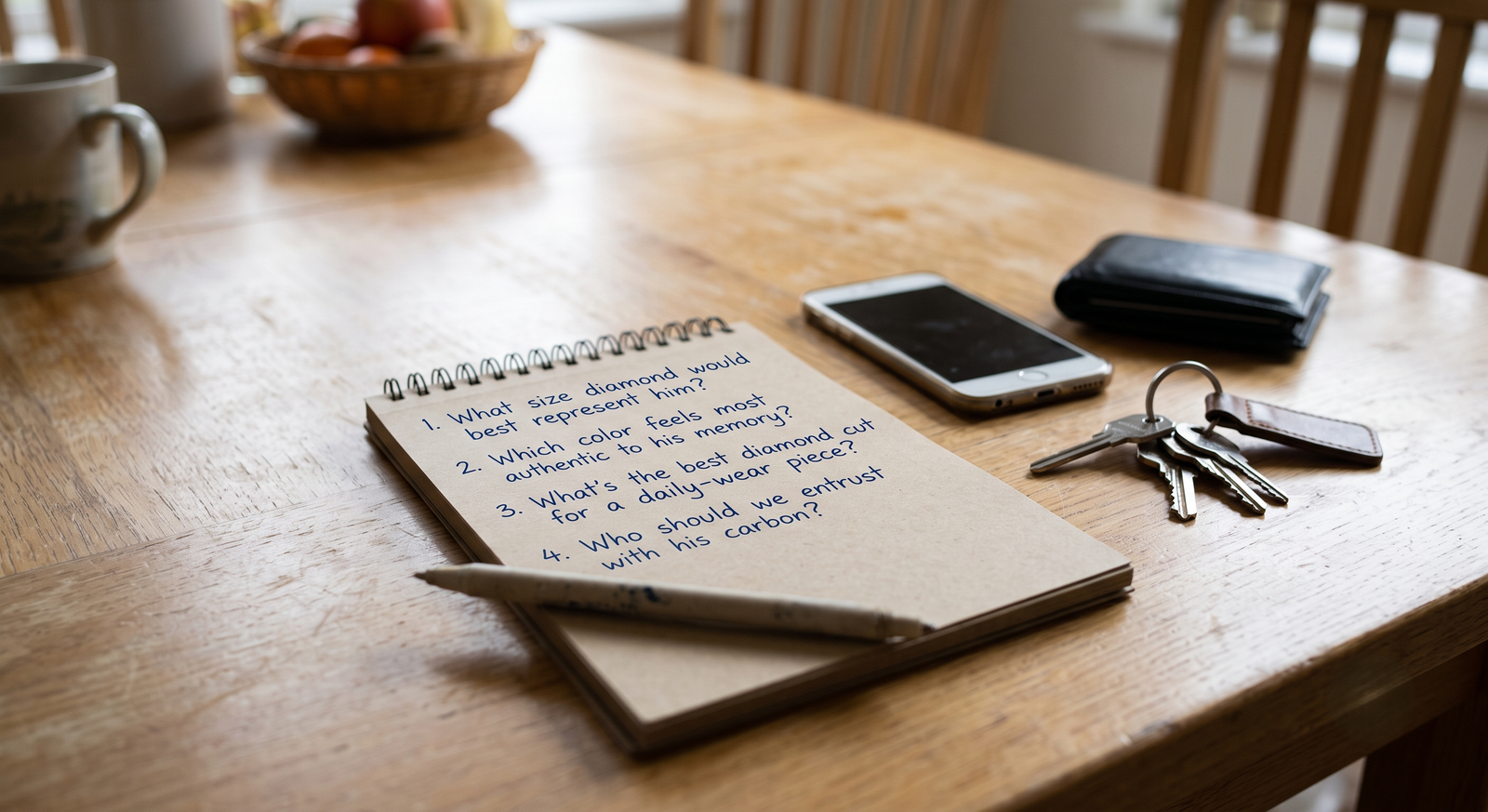 Choosing a memorial diamond for your father: a handwritten list of four questions on a notepad beside a phone and house keys on a kitchen table