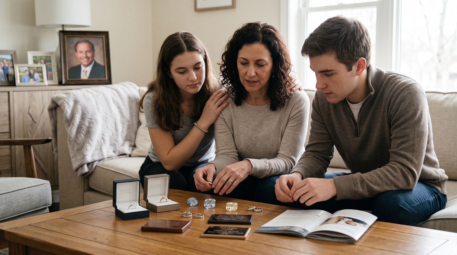 Family reviewing what materials are available before choosing a memorial diamond for a husband 