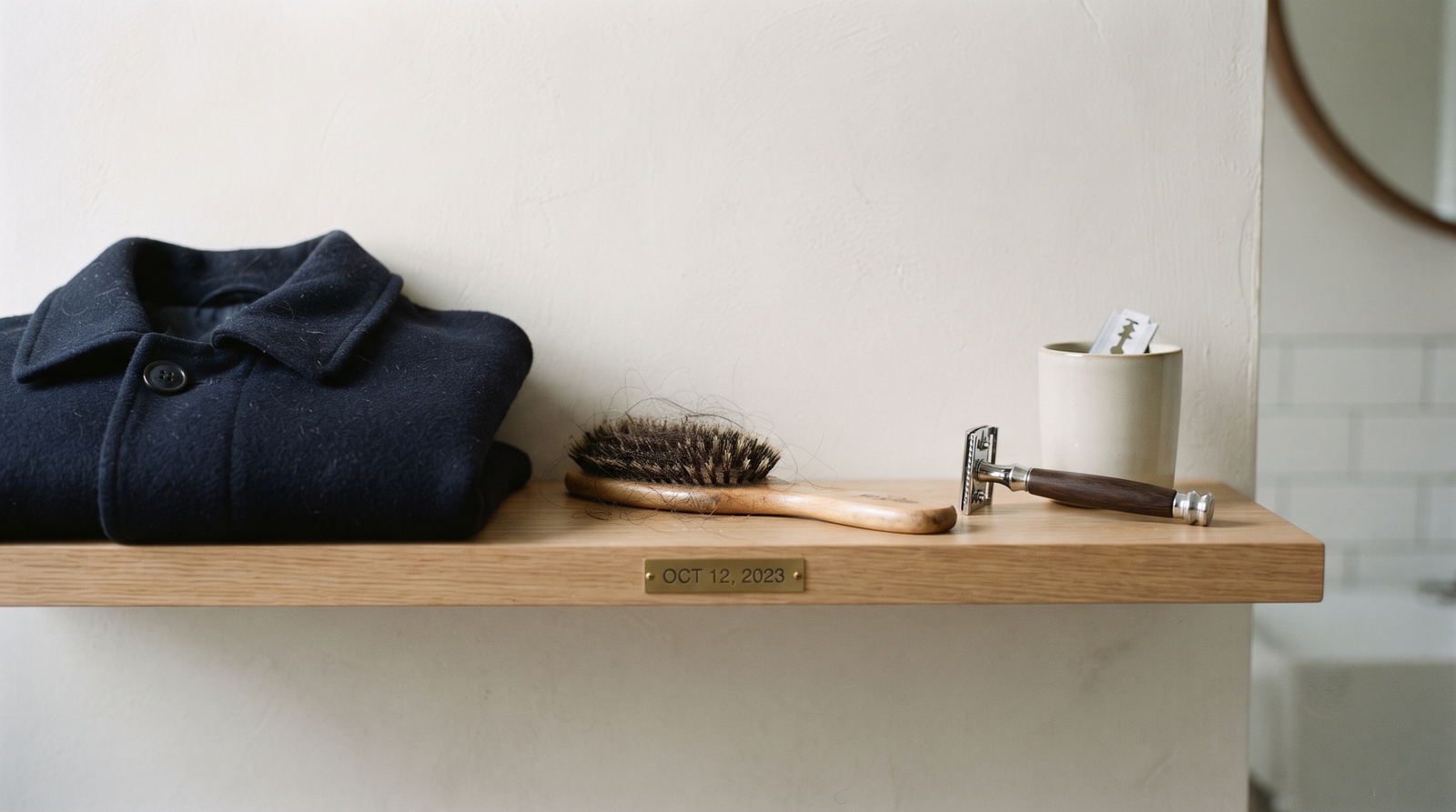A coat collar, a hairbrush, and a razor on a bathroom shelf, photographed quietly