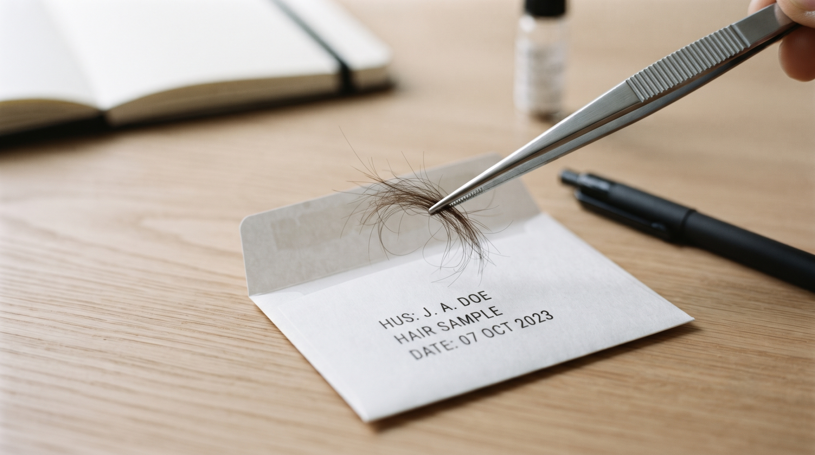 Clean tweezers placing hair strands into a labelled paper envelope