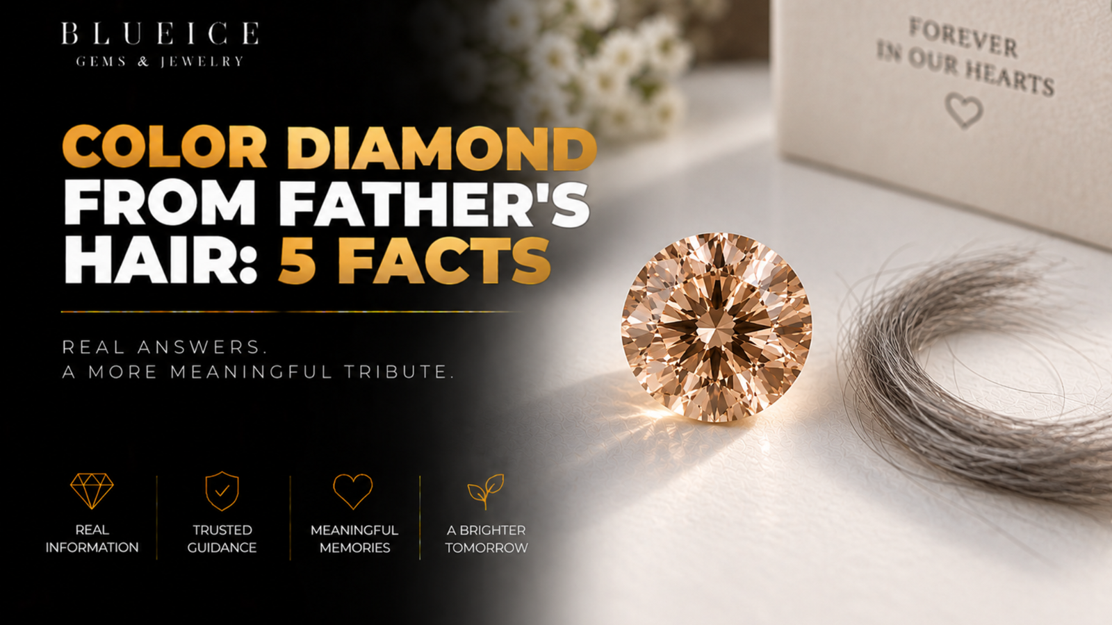 Color diamond in a warm champagne tone beside a small lock of gray hair on a white surface