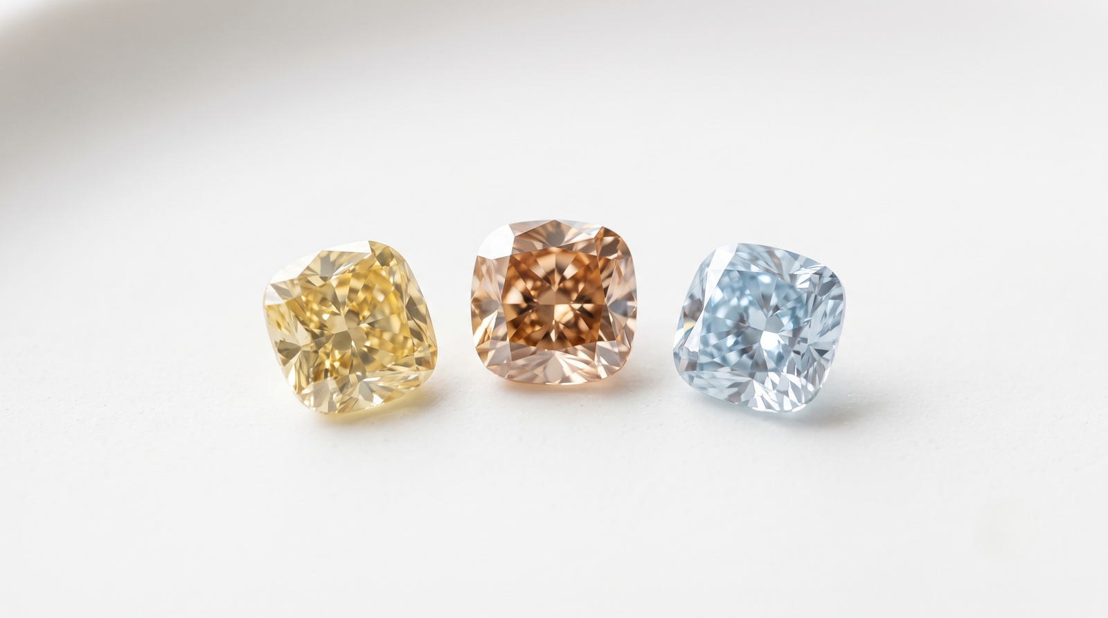Color diamond made from a husband's ashes: three loose lab-grown memorial diamonds in yellow, champagne, and pale blue on a white background |
