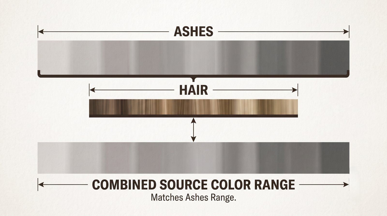 A diagram showing a wide band labelled ashes and a narrow band labelled hair, with the combined band matching the wide one