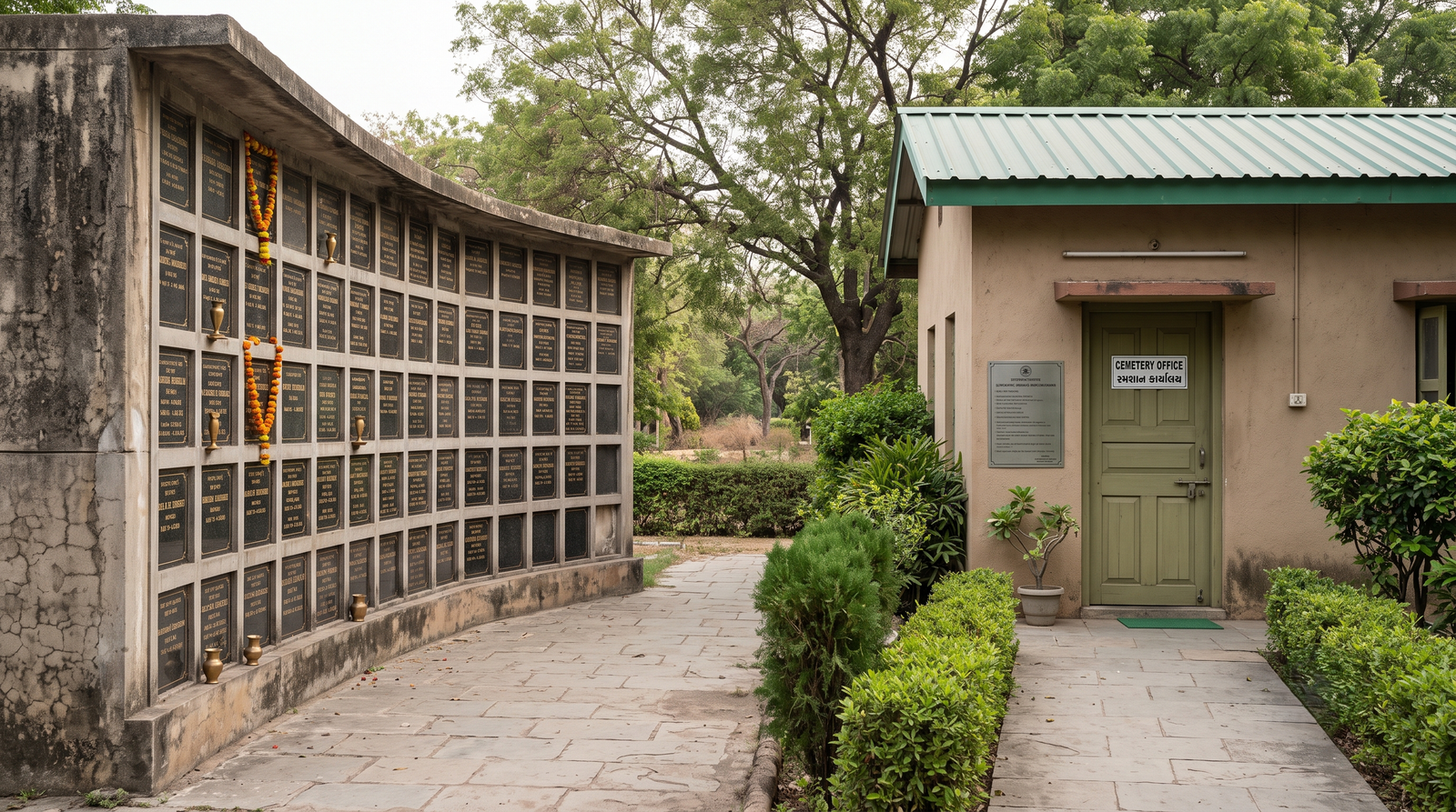 A columbarium wall and a cemetery office entrance, photographed quietly