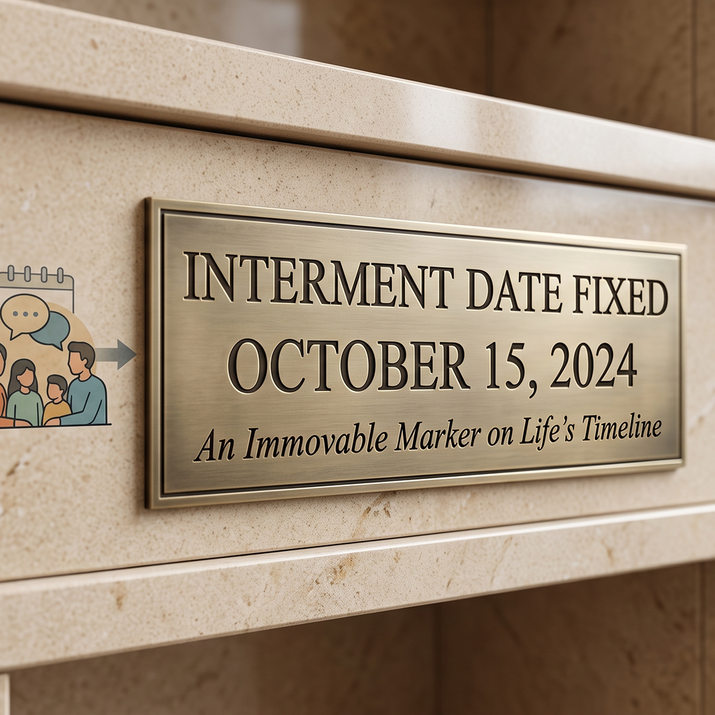 A columbarium wall with an engraved date plate, illustrating an interment date the family cannot move
