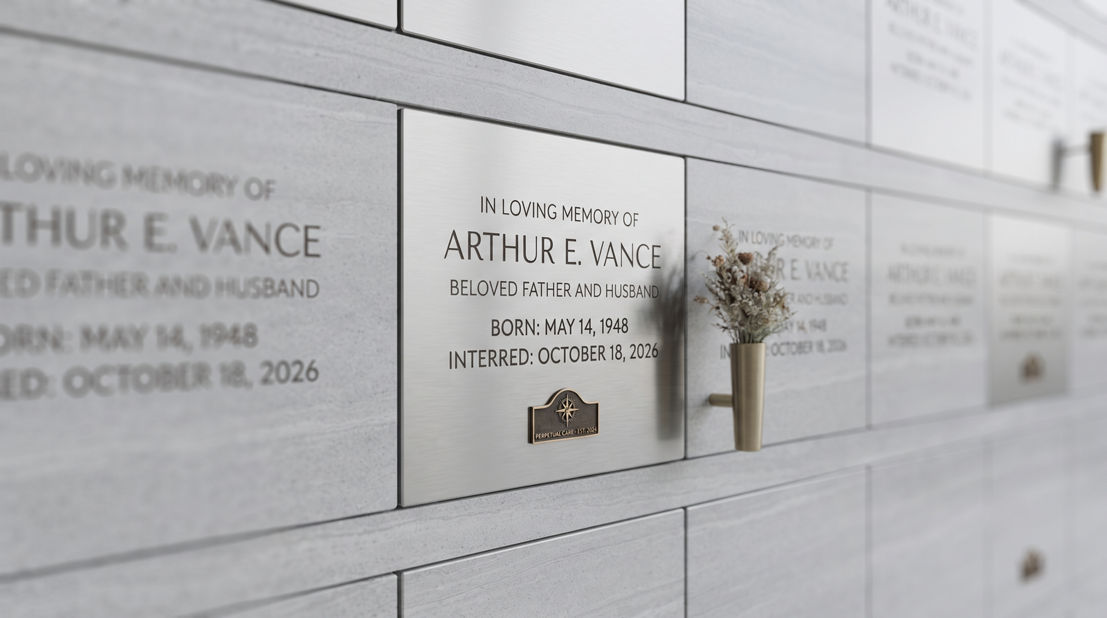 A columbarium wall with an engraved date plate, illustrating an interment date the family cannot move.