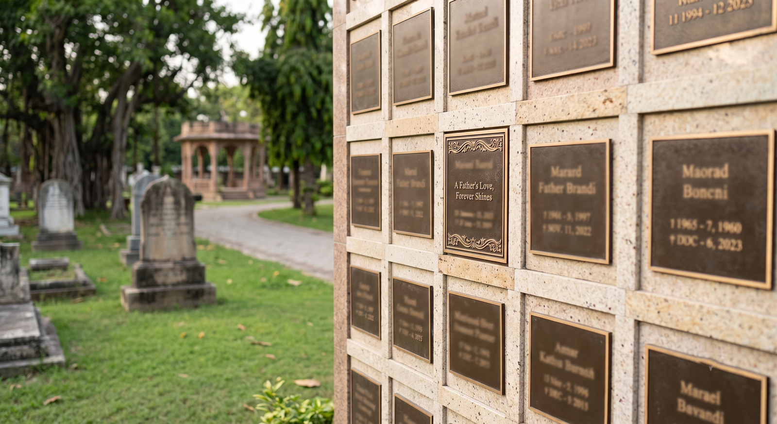 A columbarium wall in cemetery grounds with a single niche plaque in focus