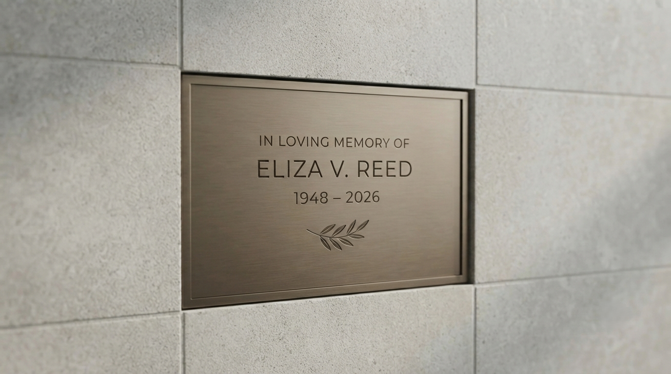 A columbarium niche with an engraved name plate, one of the traditional options compared on this page