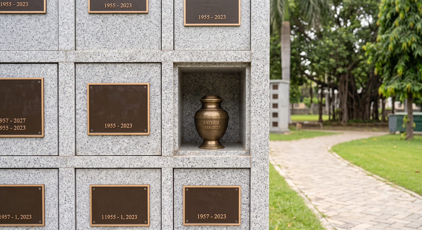 Row of columbarium niches with one open niche holding an engraved urn