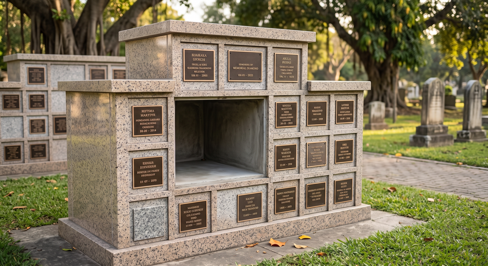 Columbarium wall in cemetery grounds with one niche open and empty