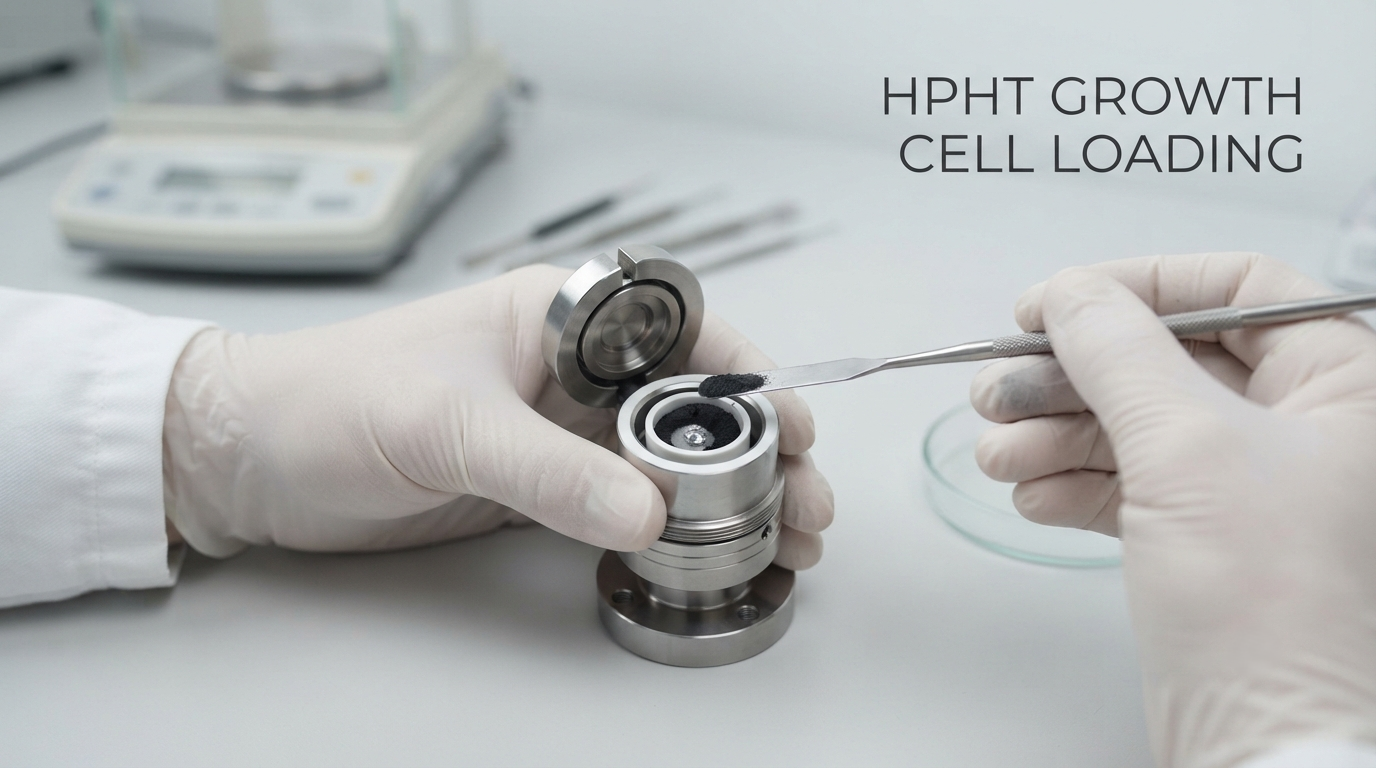 Purified carbon feedstock being loaded into an HPHT growth cell around a diamond seed