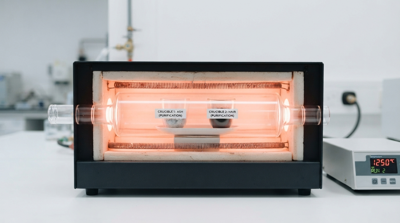 Two labeled crucibles in a laboratory furnace during separate purification runs