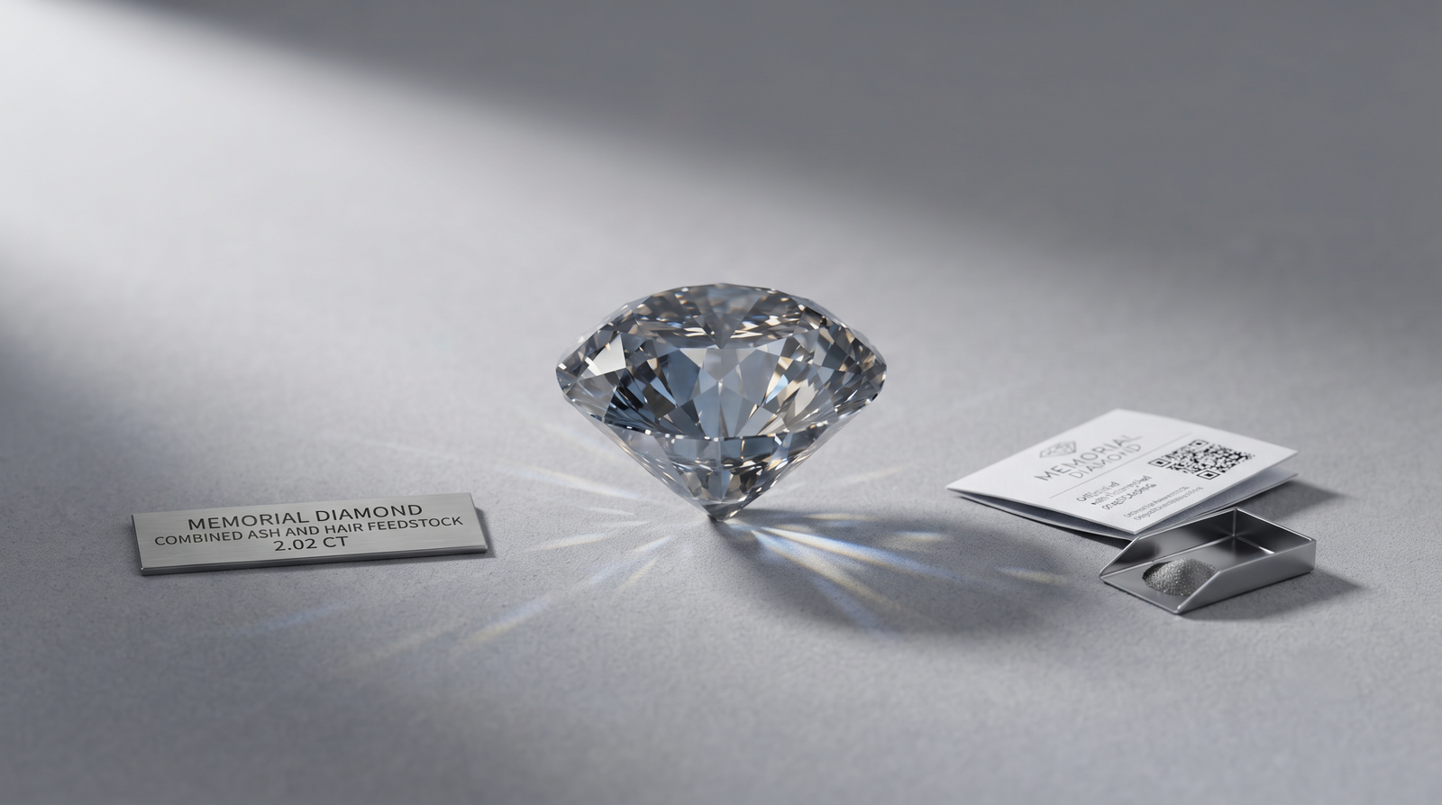 Finished memorial diamond grown from a combined feedstock, on a plain background