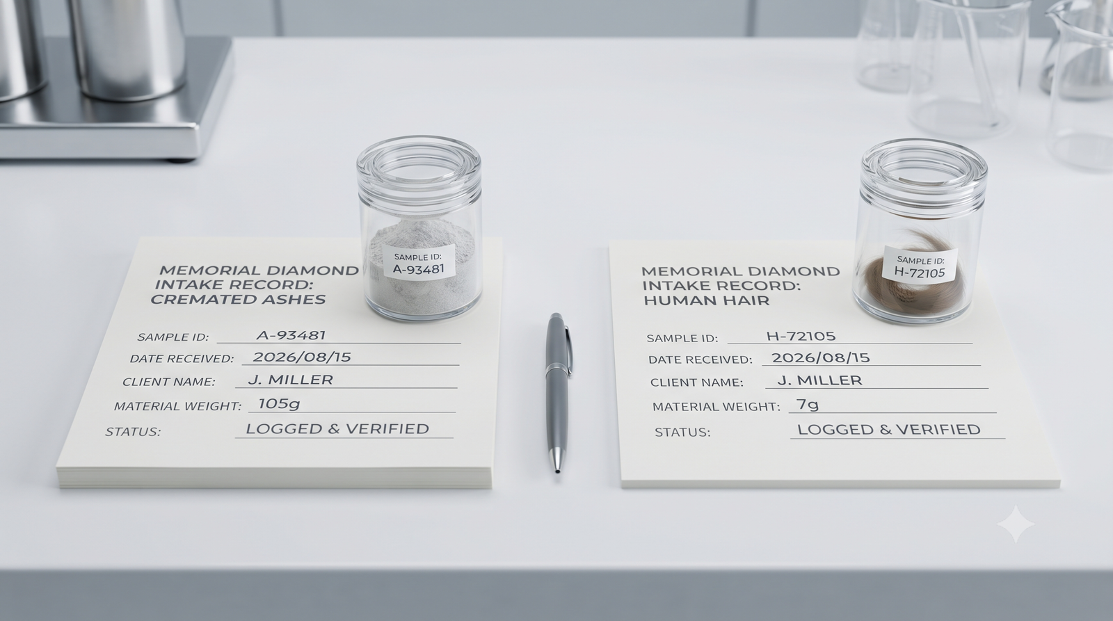 Two separate intake record sheets and sample containers, one for ashes and one for hair, on a lab bench