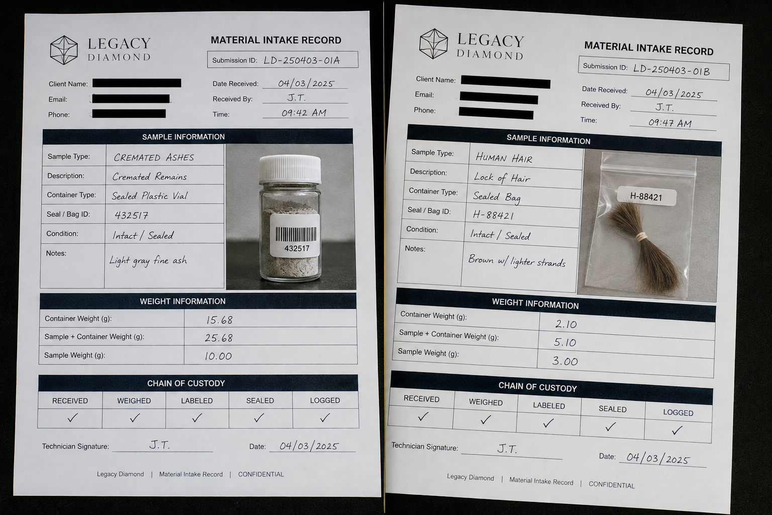 Two separate intake records for a single memorial diamond order, one logging cremated ashes and one logging a lock of hair