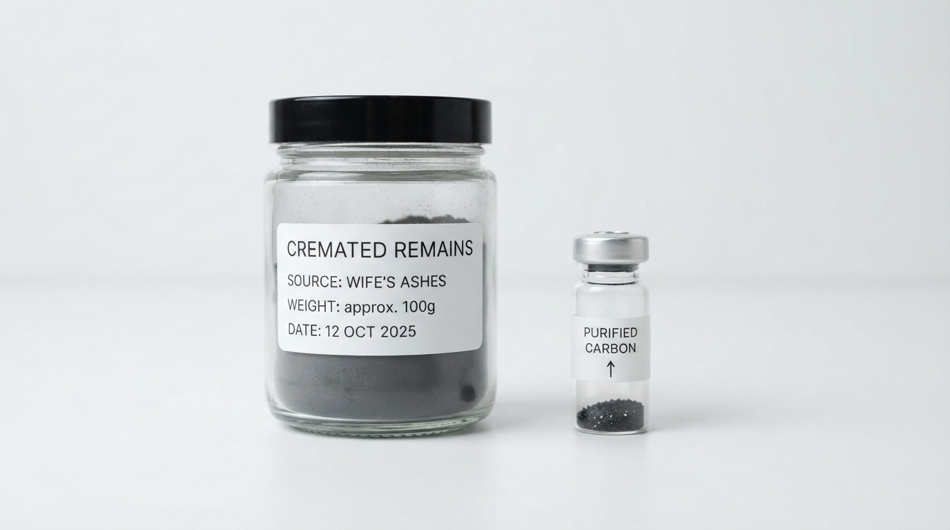 A labeled laboratory sample container of cremated ash beside a much smaller vial of purified carbon