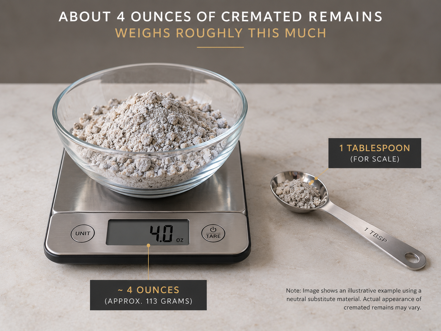 Roughly four ounces of cremated remains weighed on a small kitchen scale next to a tablespoon for scale