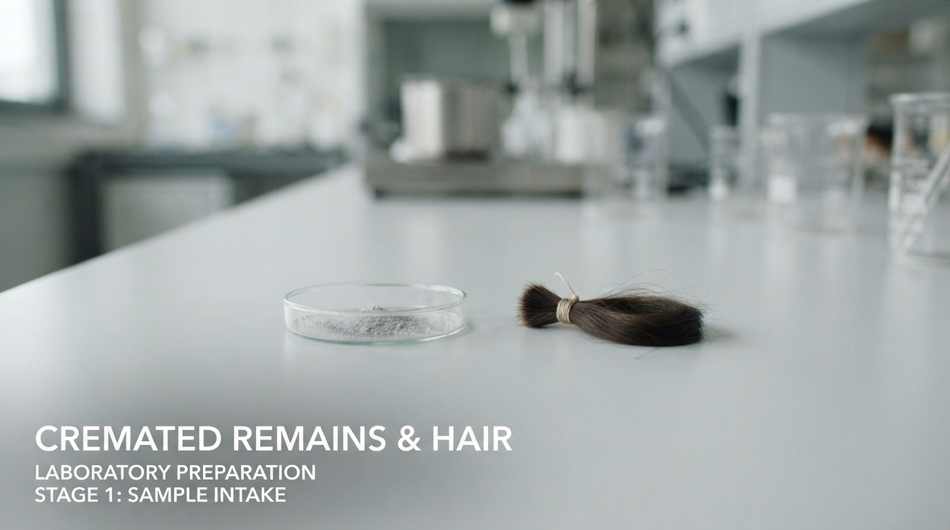 Small portion of cremated remains beside a bound lock of hair on a laboratory bench