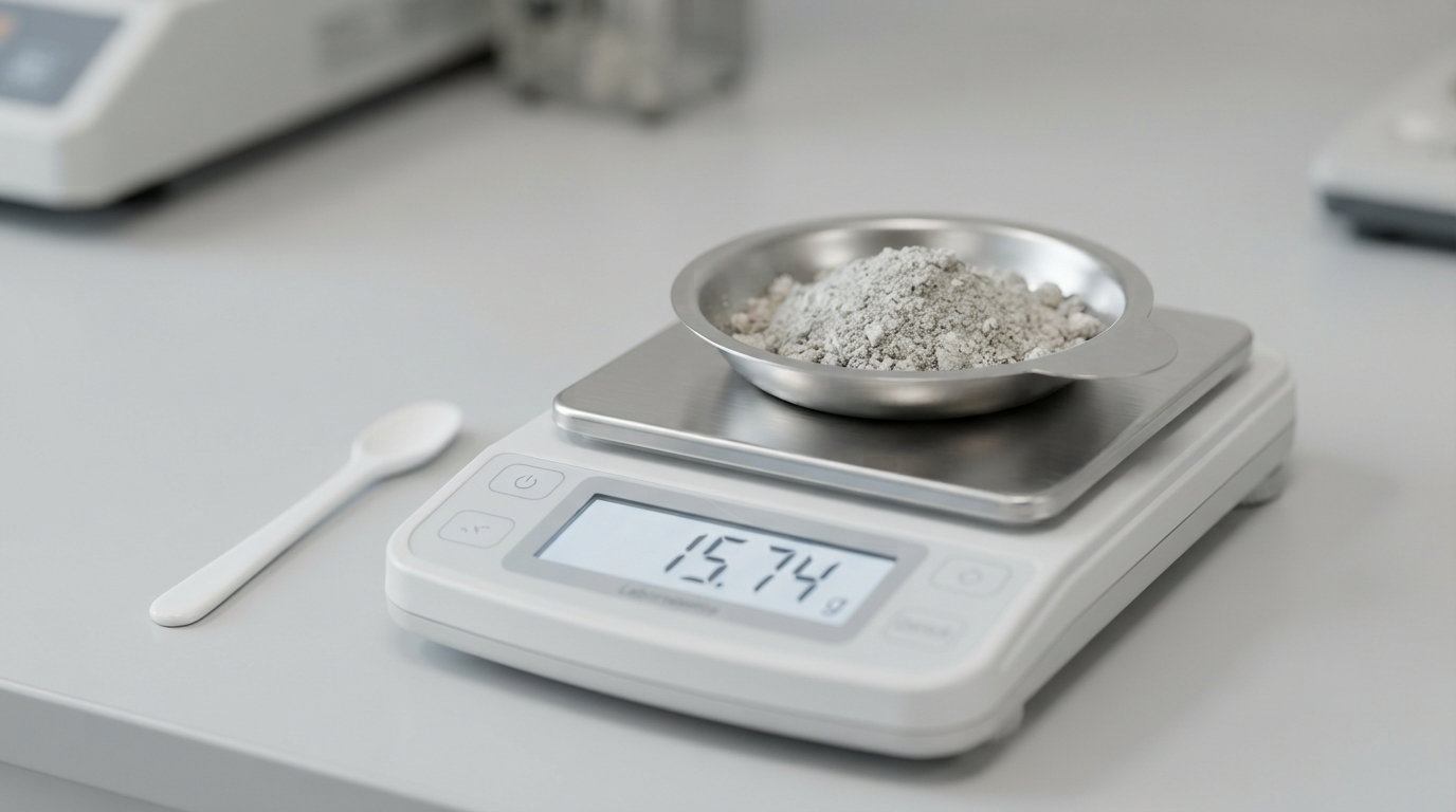 Close view of cremated remains on a laboratory weighing dish next to a digital scale reading in grams