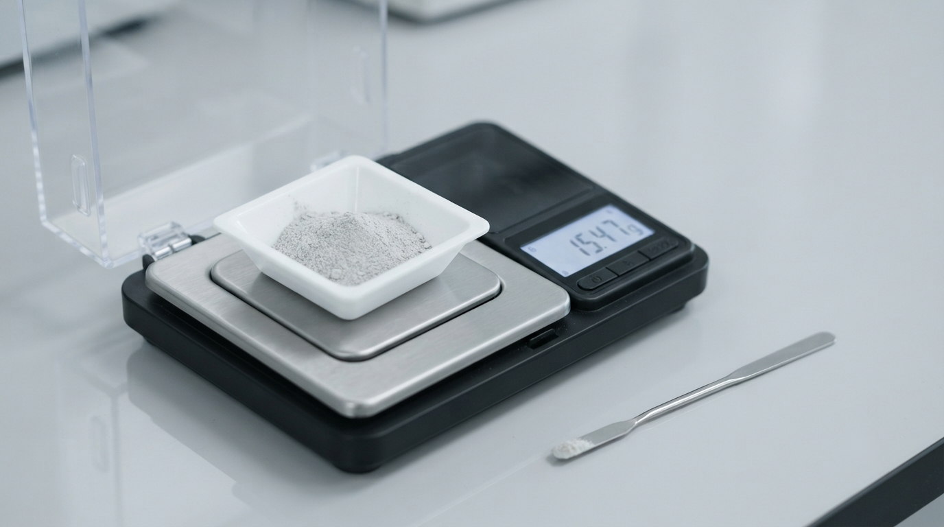 Cremated remains on a laboratory weighing dish beside a digital gram scale