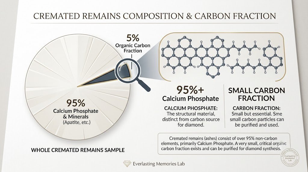 Diagram showing cremated remains as mostly calcium phosphate with a small carbon fraction separated out